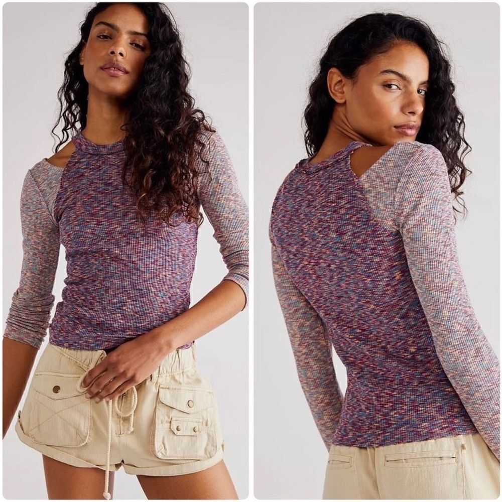 NWOT Free People Out of Control long sleeve open shoulders top blue